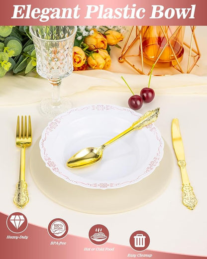 100 Pack White Plastic Bowls with Rose Gold Rim, 12oz Plastic Dessert Bowl, Bowls Disposable Heavy Duty for Hot Soup, Dessert, Salad, Cake, Ice Cream, Fruit