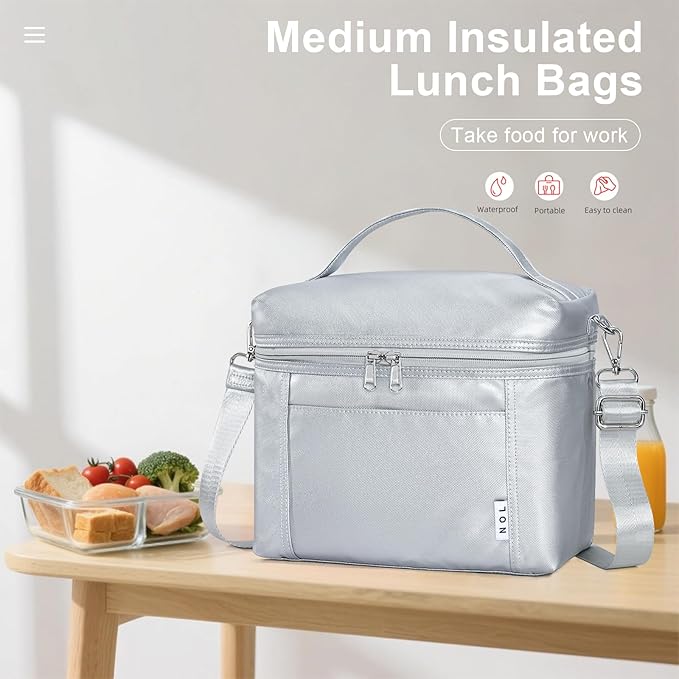 NOL Natural Organic Lifestyle Insulated Lunch Bags for Women Cooler Bag Lightweight Nylon Waterproof Lunch Box For Work (Silver, Medium(normal))