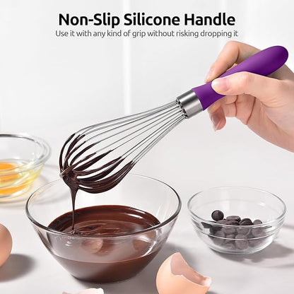 U-Taste 9" Small Egg Whisk: 18/10 Stainless Steel Kitchen Cooking Wire Balloon Wisk, Heavy Duty Metal Beater Stirrer, Manual Baking Tool with 6 Flex Wires for Hand Mixing, Blending Sauce (Purple)