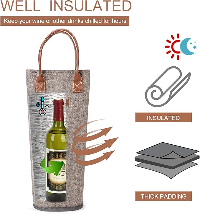 Zormy Single Bottle Insulated Wine Tote, Brushed Khaki Padded Cooler