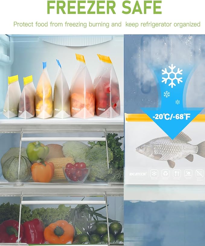 IDEATECH 12Pack Food Storage Bags Dishwasher Safe, BPA Free Gallon Freezer Bags, Reusable Snack Bags, Leakproof BPA Free Reusable Baggies for Lunch,Travel(2Gallon 4Quart 4Snack, Grey)