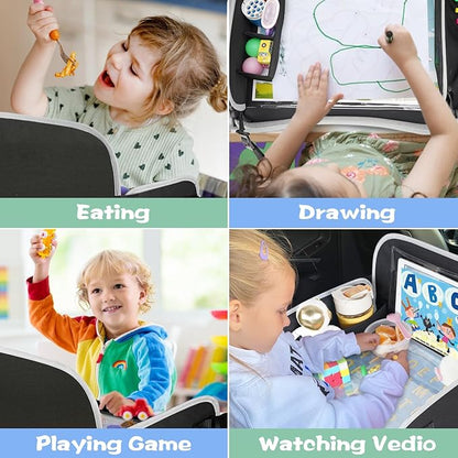 MENZOKE Car Seat Tray for Kids with Large Educational Drawing Board, Tablet Stand & Cooler Cup Holder, Essential for Family Road Trips, Airplane Rides & Daily Commutes, Black