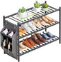 Bamboo Shoe Rack for Closet Small Wooden Shoe Organizer with Pouch, Sturdy Wood Shoe Shelf for Front Door Entrance Entryway and Outdoor, 26 inch Wide (Black, 3-Tier)