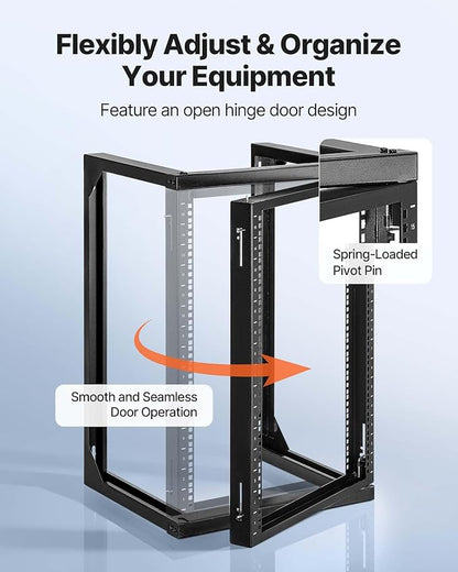 VEVOR 15U Open Frame Server Rack, Free Standing or Wall Mount Rack with 180 Degrees Gate Swing, Network Rack for 19" IT Equipment & A/V Devices