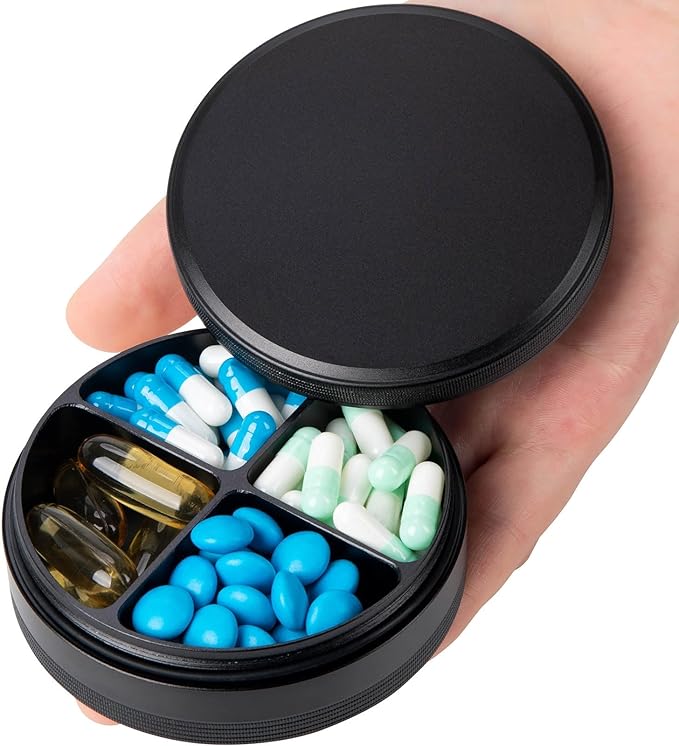 Daily Pill Organizer 4 Compartments - Metal Daily Small Pill Case Waterproof, Travel Pill Box for Purse, Compact Medicine Container Pill Dispensers Holder for Vitamin, Fish Oil, Supplement (Black)