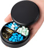 Daily Pill Organizer 4 Compartments - Metal Daily Small Pill Case Waterproof, Travel Pill Box for Purse, Compact Medicine Container Pill Dispensers Holder for Vitamin, Fish Oil, Supplement (Black)