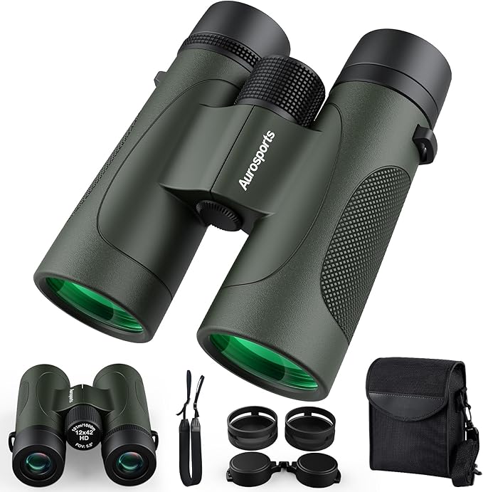 12x42 Binoculars for Adults High Powered: Waterproof HD Bird Binoculars - Large View Easy Focus with Clear Low Light Vision for Hunting Hiking Bird Watching Travel Cruise Green