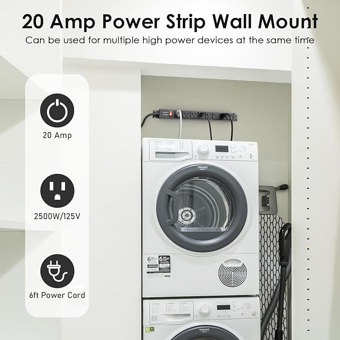 JUNNUJ 20 Amp Power Strip Heavy Duty 2 Pack, 4800J Surge Protector Metal Power Bar Multi Angle Mount, 20A Garage 8 Outlet Shop 6-20R T-Slot, 5-15P Adapter 12 Gauge Extension Cord 6ft for Appliance