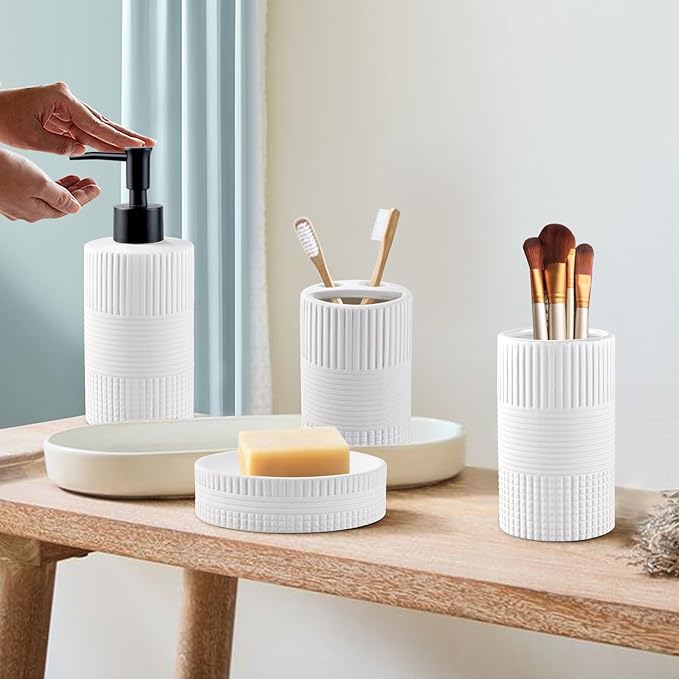 Bathroom Accessories Set of 4, Ceramic Bathroom Sets Complete-Toothbrush Holders, Soap Dispenser, Soap Dish, Toothbrush Cup, Modern Farmhouse Bathroom Decor, Bathroom Organizer for Countertop