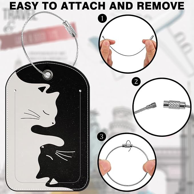 2 Pack Luggage Tag for Suitcase Black and Gray cat Leather Suitcase Tags with Privacy Name ID Label and Stainless Steel Loop for Travel Bag