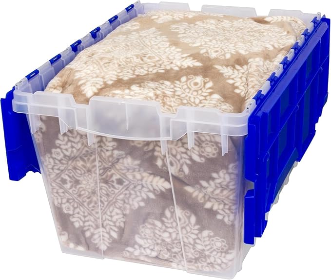 Akro-Mils KeepBox 12 Gallon Storage Container, Nesting and Stackable Plastic Storage Box with Lid Attached, Clear Tote for Garages, Closets, and Moving, 21-1/2" x 15" x 12-1/2", Clear/Blue