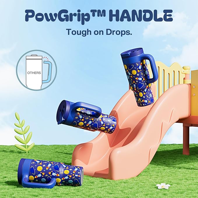 24 oz Stainless Steel Tumbler for Children: Durable Handle, Easy to Clean, Straw Gulp Lid, Car Cup Holder Friendly, Insulated Cup for Sport, Hiking, Carry, Adventures, Bag, Classroom (Space Rocket)