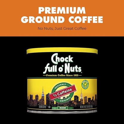 Chock Full o' Nuts Heavenly Original Half Caffeine Ground Coffee – Premium Beans in Recyclable Steel Can – Rich Flavor & Aroma, Medium Roast – Perfect for Drip, Pour-Over, Percolator – 24 Oz Can