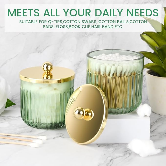 Bathroom Accessories Set,4 Pcs Green Glass Bathroom Accessories Set with Toothbrush Holder,Lotion Soap Dispenser,2 Qtip Holder Dispensers - Countertop Organizer for Modern Bathroom Decor - Green