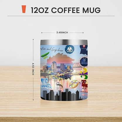 12oz Coffee Mug Louisiana State Insulated Coffee Cups, United States Map Travel Mug Landmark, Birthday Gifts Cute Mugs with Lid and Straw Mothers Day Gifts