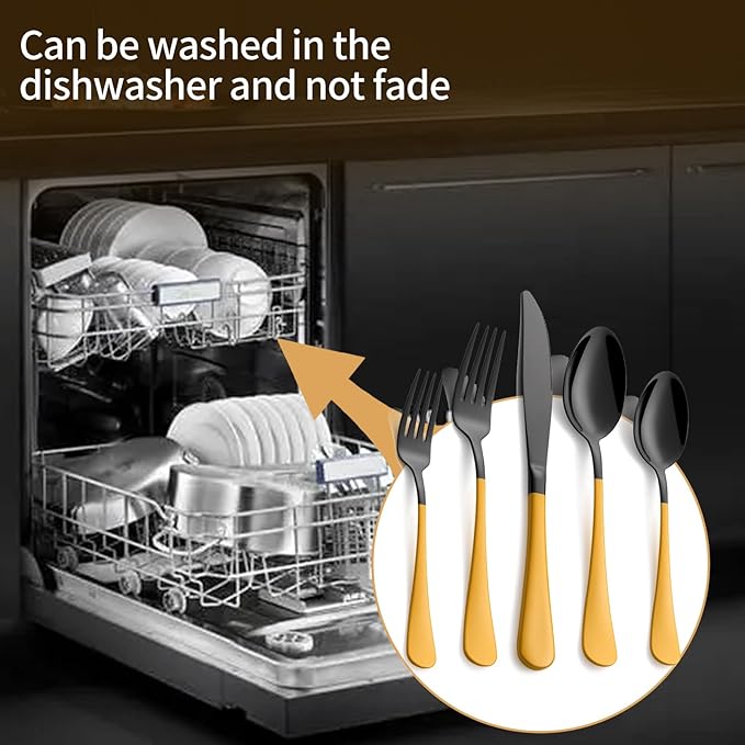 20-Piece Black Silverware Set 18/0 Stainless Steel Silverware Set Yellow Handle Cutlery Set Service for 4 Dinner Knives Forks Spoons Set Flatware Set Finish Dishwasher Safe（Black and Yellow）
