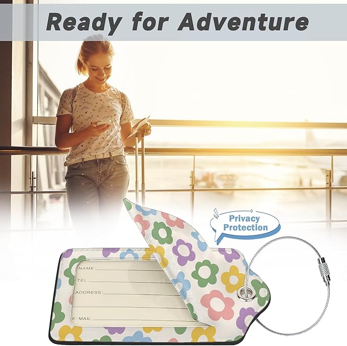 2 Pack Luggage Tag for Suitcase, Vintage Groovy Flower Leather Bag Tags Identifiers Privacy Cover ID Label with Durable Steel Loop for Women Men Kids Girls Travel