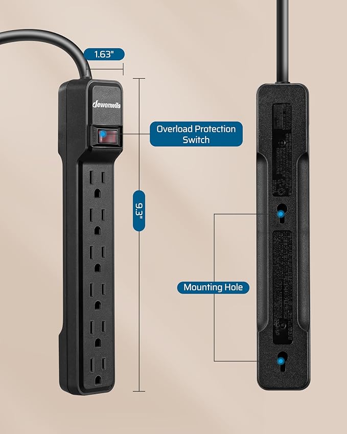 DEWENWILS 6-Outlet Power Strip Surge Protector, 15FT Long Extension Cord, Low Profile Flat Plug, 15 Amp Circuit Breaker, 500 Joules, Wall Mount, Black, UL Listed