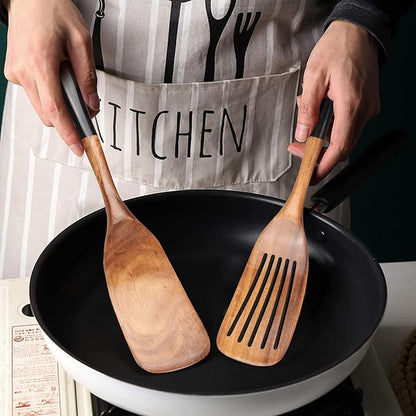 2 Pcs Wooden Spatula Set for Cooking Non Toxic Teak Kitchen Utensils Slotted Pancake Turner Flat Wood Wok Spatulas Bamboo Spoon for Cooking Utensil Set Spurtle Scraper Black Fish Egg Flipper Spatula