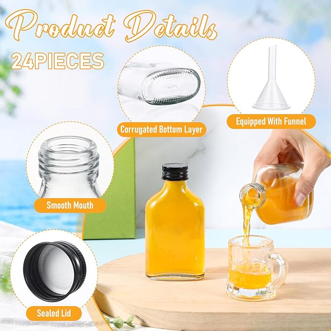 Gejoy 24 Pcs Mini Liquor Bottles Reusable Glass Flask Bottles with Black Caps Clear Empty Alcohol Shot Jars Small Champagne Jars with 4 Funnels for Wine Weddings Party Favors Christmas(3.4 oz)