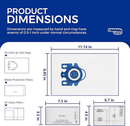 Vacuum Cleaner Bags Fit for Miele Classic C1 Complete C1 C2 C3 S227 S240 S270 S400 S2 S5 S8 Series, Include 6 Packs 3D Efficiency Airclean Bags with 2 Motor Protection Filters and 2 AirClean Filters