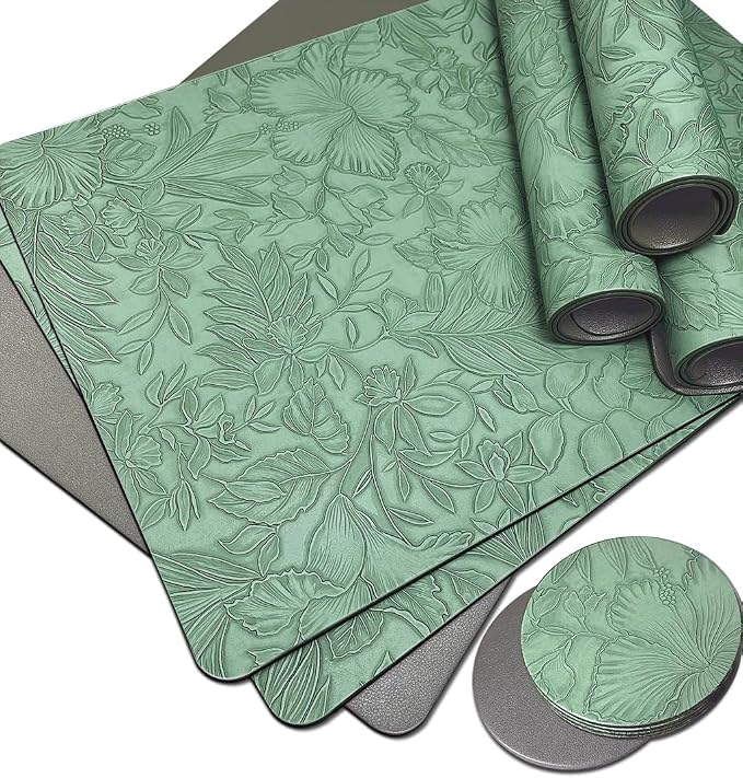 Spring Floral Pattern Placemats and Coasters Set, Embossed Flower Dinner Table