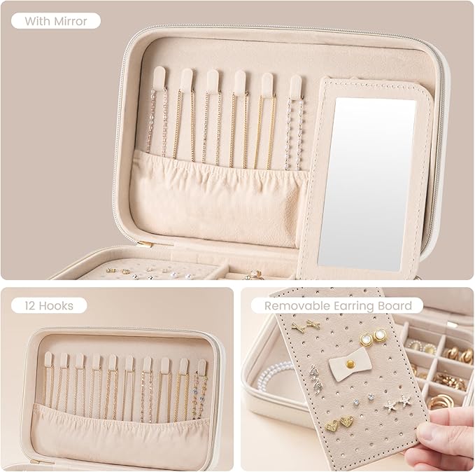 Lolalet Travel Jewelry Case for Women, Travel Jewelry Organizer Box with Mirror & Clear Storage Bag, Small Portable Traveling Earring Necklace Bracelet Ring Case, Bridesmaid Gifts -Medium, White