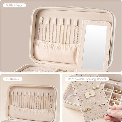 Lolalet Travel Jewelry Case for Women, Travel Jewelry Organizer Box with Mirror & Clear Storage Bag, Small Portable Traveling Earring Necklace Bracelet Ring Case, Bridesmaid Gifts -Medium, White