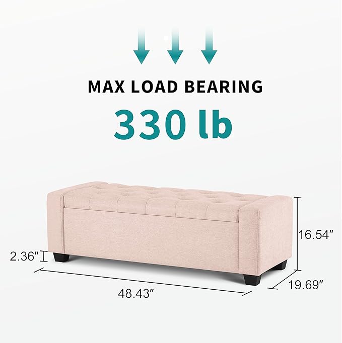 48" Ottoman with Storage, Pink Storage Ottoman Bench with Safety Hinge, Upholstered Entryway Bench with Seating for Bedroom, Living Room, Holds up to 330 lb