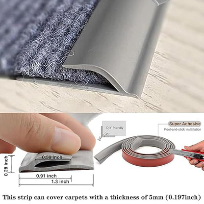 Self Adhesive Carpet Transition Strip with Edge Trim, Designed for Seamless Transitions from Carpet to Tile or Vinyl Floors, Perfect for Doorways.(Gray,40ft)
