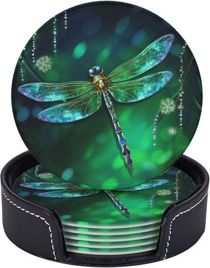 6 Pcs Fantasy Spring Dragonfly Leather Coasters