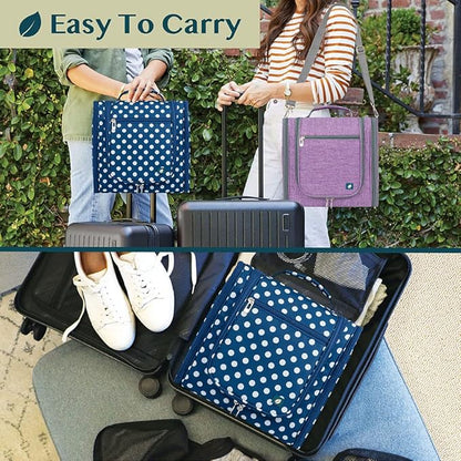 PAVILIA Extra Large Toiletry Bag Travel Bag for Women Men, Hanging Cosmetic Organizer, Water Resistant Makeup Bag for Accessories Toiletries, Travel Essentials Kit (Navy Polka Dot)