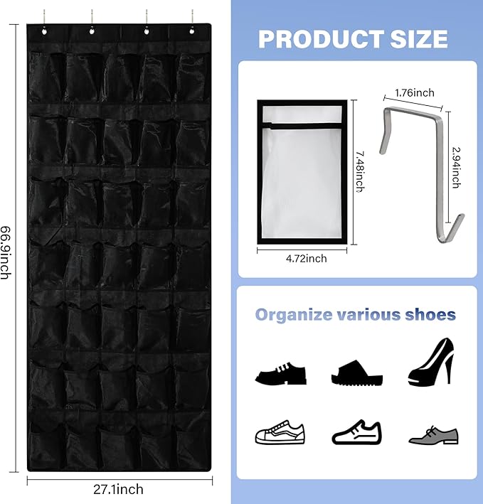 35Large Pockets Over The Door Shoe Organizer, Mesh Pockets Shoe Holder Rack, Capacity Shoe Hanging Storage，door shoe rack With 4 Metal Hook.