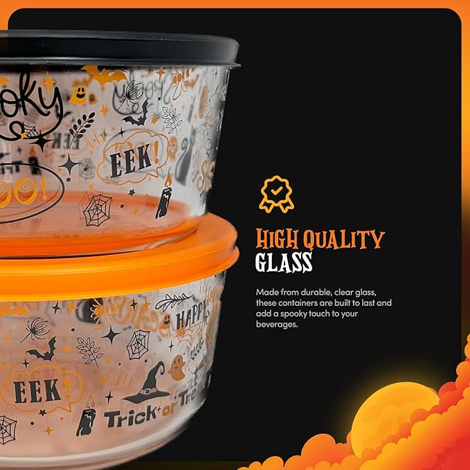 DURA LIVING Halloween Glass Food Storage Containers with Lids | Set of 4 (2 Containers + 2 Lids) 4-Cup | Spooky Design, BPA-Free, Microwave & Dishwasher Safe|Perfect for Meal Prep, Snacks & Leftovers