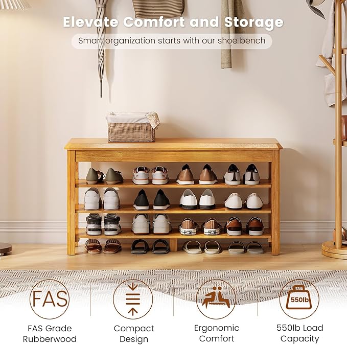 Shoe Rack Bench Seat Rubberwood 3-Tier Wooden Storage Bench 550lbs Compact Mid-Century Modern Design for Entryway, Hallway, Closet, Front Door Entrance, Foyer