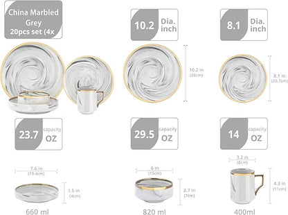 20 Piece Plates and Bowls Sets, Fine China Artisan Marbled Dinner Set for 4, Dishwasher Safe, Scratch Resistant, Grey with Gold Line
