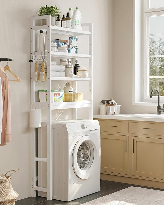 SONGMICS Over The Toilet Storage, 4-Tier Over Toilet Bathroom Organizer with Adjustable Shelves, 10.2 x 24.8 x 72.8 Inches, Space-Saving, Cloud White UBTS041W01