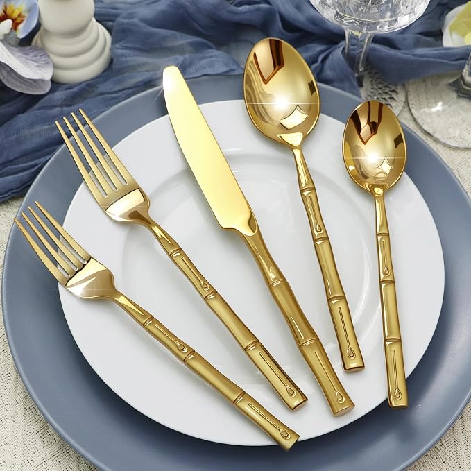 Gold Silverware Set 20-Piece Bamboo Pattern Service