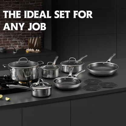 Pots and Pans Set Non Stick, 14 Pcs Hybrid Stainless Steel Cookware Sets, Non Stick Frying Pans, Saucepans, Saute Pan & Stock Pot, PFOA Free Kitchen Skillet,Induction Compatible
