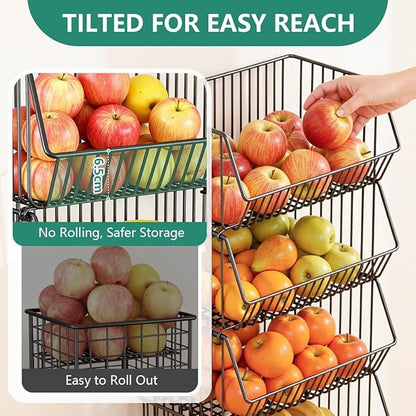 Wire Baskets Organization with Rollers for Kitchen and Home Storage, Vegetable Fruits Metal Basket for Countertop and Corner, Wire Basket Storage Bins for Space Utilization, Durable, 5 Tiers