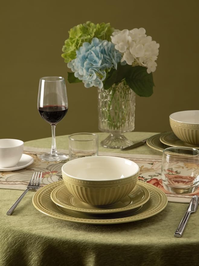 Famiware Garden Plates and Bowls Set for 6, 18-Piece Kitchen Dishes Dinnerware Set - Microwave and Dishwasher Safe, Scratch Resistant, Reactive Glaze and Embossed Stoneware Tableware, Yellow