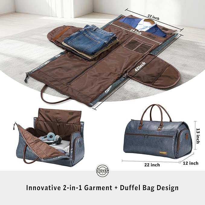 STOVER Garment Travel Duffle Bag, Large 2-in-1 Convertible Carry-on Luggage for Men & Women- Hanging Suits, Dresses & Clothes + Shoe Compartment- Weekender Tote Combo Duffel (Blue Leatherette)