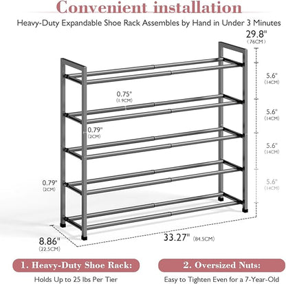 Bumusty 5-Tier Expandable Shoe Rack for Closet, 18“-33” Adjustable Shoe Rack for Small Space, Small Shoe Organizer for Front Door, Sturdy Metal (Grey)