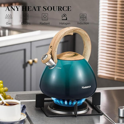 MARSKITOP Whistling Tea Kettle for Stove Top 2.6 Quart, Food Grade Stainless Steel Teapot for Stovetop with Cool Touch Ergonomic Handle, Tea Pot for Stove Induction Cooktop, Green
