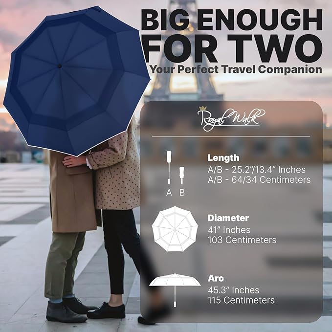 Royal Walk Windproof Folding Travel Umbrella Compact and Strong Luxurious Real Wood Handle Automatic Open Close Vented Double Canopy for Men and Women