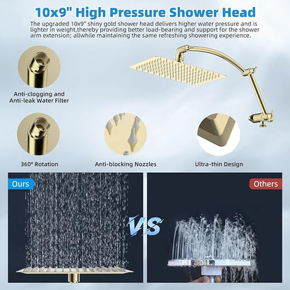 Hibbent All Metal Shower Head, 10'' High Pressure Rain Shower Head, Handheld Showerhead Combo, 16'' Adjustable Shower Extension Arm, 10 Sprays, 71'' Hose, Adhesive Showerhead Holder, Polished Brass