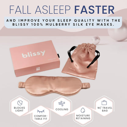 Blissy Silk Sleep Mask - Silk Eye Sleeping Mask for Women & Men for Total Blackout - 100% Pure Mulberry Silk, 22 Momme 6a Fibers - Blindfold Silk Sleep Mask Side Sleeper Eye Cover (Rose)