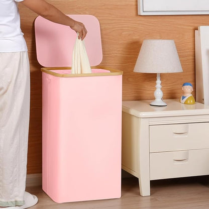 26 Gal Laundry Basket with Lid and Net Bag, Tall Laundry Hamper with Bamboo Handles, Aesthetic Dirty Clothes Bin for Laundry Room, Bathroom, Bedroom and Dorm, Pastel‌