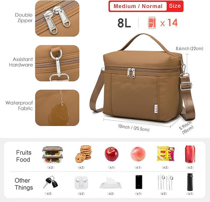 NOL Natural Organic Lifestyle Insulated Lunch Bags for Women Cooler Bag Lightweight Nylon Waterproof Lunch Box For Work (Medium(normal),Brown