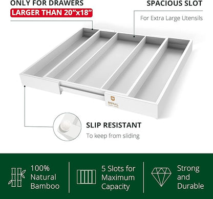 ROYAL CRAFT WOOD Luxury Bamboo Kitchen Drawer Organizer - Silverware Organizer - Utensil Holder and Cutlery Tray with Grooved Drawer Dividers for Flatware and Kitchen Utensils (5 Slot, White)